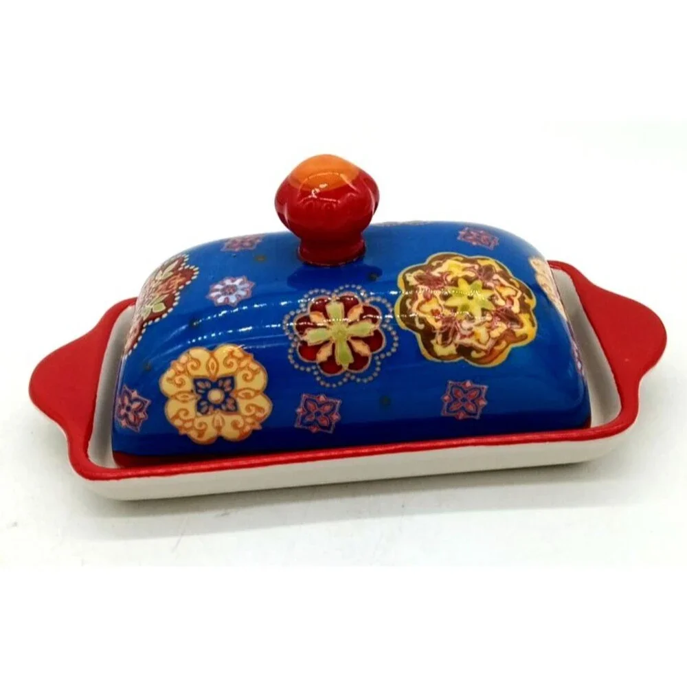Dutch Wax Hand Painted Covered Butter Dish Mandala Floral Artistic Accents